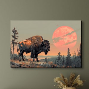 Bison Canvas Wall Art Print, Bison Standing By Tree During Sunset, Bison Art Print, American Bison Wrapped Landscape Canvas Ready to Hang