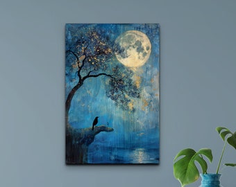 May include: A blue and white canvas print of a tree with a bird perched on a branch, with a full moon in the background.