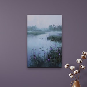 Serene Lake With Purple Thistles Flowers Ready To Hang Canvas Wall Art Print, Peaceful Wall Art, Purple Art, Canvas Wall Art, Tranquil Art