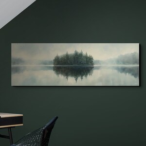 Panoramic Lake Watercolor Forest Canvas Wall Art Print, Foggy Tree & Lake Wall Art, Peaceful Wall Art, Lake Canvas Wall Art, Panoramic Art