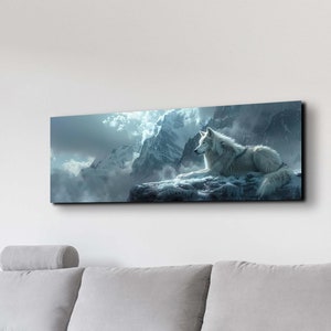 May include: A white wolf sits on a snowy mountain peak, looking out over a vast, cloudy landscape. The wolf is surrounded by snow and ice, and the mountains in the background are towering and majestic. The image is a beautiful and evocative depiction of the power and beauty of nature.