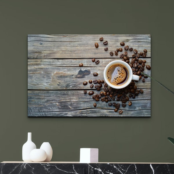 Coffee Cup & Beans Canvas Wall Art Print Dining room wall art Modern kitchen decor, Large canvas art, Coffee on Wooden Table Canvas