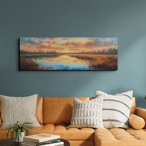 Panoramic Serene Marsh At Sunset Scene Ready To Hang Canvas Wall Art, Lake Art, Tranquil Canvas Wall Art, Panoramic Art
