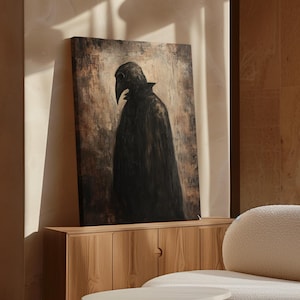 Dark Plague Doctor Canvas Art - Gothic Wall Decor, Mysterious Shadow Figure, Vintage Horror Painting, Medieval Aesthetic