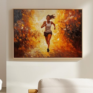 Running Woman Wall Art, Inspirational Athlete Poster, Abstract Marathon Print, Fitness Motivation Painting, Sports Canvas for Gym