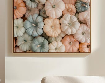 Lienzo decorativo de calabazas pastel: decoración rústica otoñal suave en colores apagados para interiores acogedores de temporada.