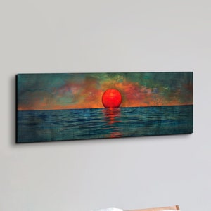 Sunset over the Emerald Green Ocean, Moody Panoramic Canvas Print, Minimal Horizontal Wall Art Vintage Painting Print - Boho Wall Art