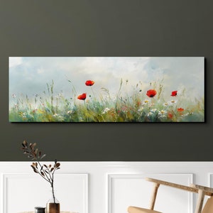 Beautiful Serene Wild Flower Landscape, Tranquil Landscape Art, Ready To Hang Panoramic Canvas Wall Art Print, Large Canvas Wall Art