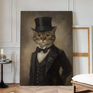 Dapper Cat in Top Hat and Tuxedo | Vintage Anthropomorphic Feline Portrait Canvas | Whimsical Victorian Cat Wall Art for Home Decor