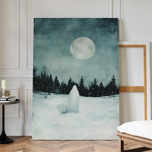 Ghost in Snowy Forest Under Full Moon | Winter Haunted Wall Art | Ethereal Spooky Decor | Minimal Gothic Ghost Print
