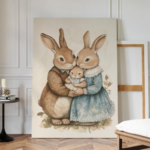 Vintage Hasen Familie Illustration - Waldkaninchen Eltern mit Baby im Aquarell Tinte Stil für's Kinderzimmer oder Ostern Wand Kunst