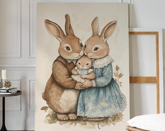Vintage Bunny Family Illustration – Woodland Rabbit Parents with Baby in Watercolor Ink Style for Nursery or Easter Wall Art