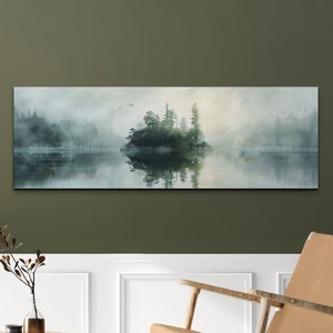 Panoramic Lake Watercolor Forest Canvas Wall Art Print, Foggy Tree & Lake Wall Art, Peaceful Wall Art, Lake Canvas Wall Art, Panoramic Art