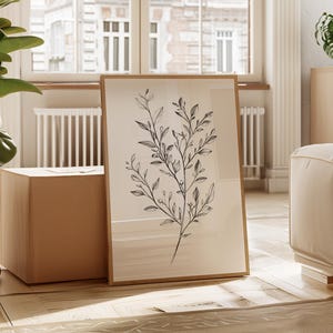 Impression d'art ligne botanique, illustration minimaliste de feuilles en noir et blanc, dessin floral moderne, décoration murale nature élégante
