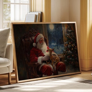Santa Clause Holding Baby Reindeer Vintage Vibe Ready To Hang Canvas Wall Art Print, Farmhouse Christmas Canvas Wall Art Decor, Christmas