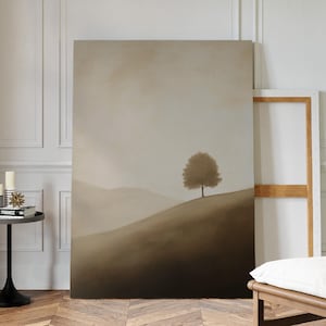 Minimalist Tree on Hill Canvas Art | Neutral Sepia Landscape Wall Decor | Serene Nature Scene for Modern or Boho Home Aesthetic