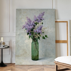 Vintage Oil Painting of Lilacs in Green Glass Vase – Elegant Botanical Wall Art with Purple Flowers and Textured Background Canvas