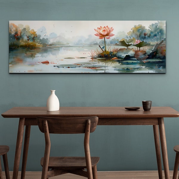 Watercolor Swamp Canvas Wall Art Print, Panoramic Wall Decor, Home Decor, Livingroom Art, Ready To Hang, Nature Decor Water Lilly's