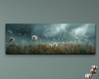 Gloomy Cloudy Dandelion Meadow Canvas Wall Art Print, Botanical Wall Decor, Floral Canvas, Panoramic Ready To Hang