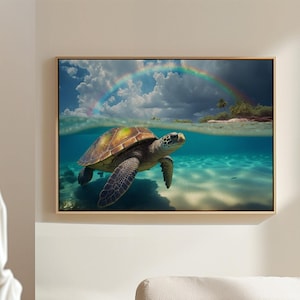 Sea Turtle with Rainbow Canvas Wall Art Print, Modern Beach House Decor, Slate Blue and White Sea Creature, Canvas Wall Art Home Decor