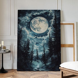Full Moon Forest Scene - Mystical Nocturnal Canvas Art with Tall Trees, Moonlit Sky, and Dark Night Aesthetic for Unique Wall Décor