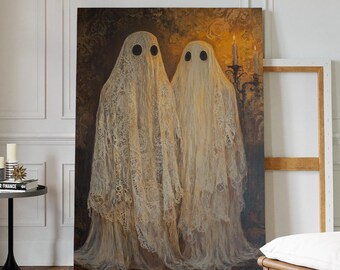 Romantische Geister Paar Wandkunst | Gothic Halloween Leinwand | Vintage Spitze Geist Gemälde | Haunted Candlelight Dark Home Dekor
