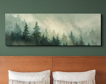 Morning fog over a mountain forest, Panoramic canvas print, foggy pine tree landscape, framed wall art, misty mountain landscape art