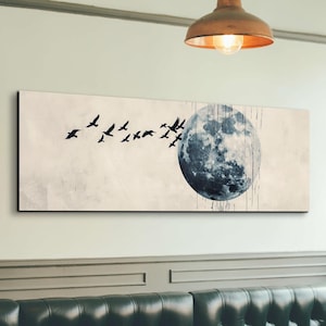 Japandi Style Muted Tone Bird & Moon Ready To Hang Panoramic Canvas Wall Art Print, Large Canvas Wall Art