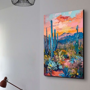 Cactus Mid Century Modern Ready To Hang Canvas Wall Art Print, Agave Southwestern Canvas Wall Art, Colorful Wall Art