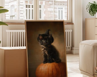 Gatinho preto em abóbora | Linda arte de parede de Halloween com chapéu de bruxa