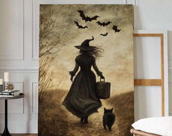 Mysterious Witch Walking with Cat and Bats Canvas Art - Gothic Halloween Wall Decor, Witchcraft-Inspired Artwork for Spooky Homes