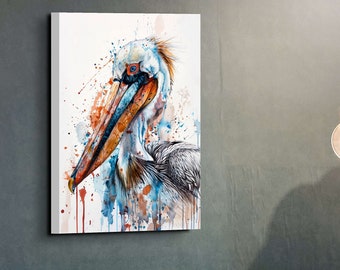 Pelícano marrón acuarela listo para colgar arte de pared de lienzo, arte pelícano, lienzo listo para colgar, decoración del hogar, arte de pared