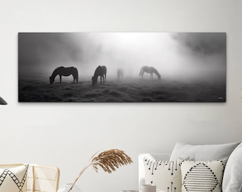 Panoramic Wild Horse Black And White Canvas Wall Art