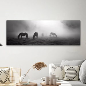 Panoramic Wild Horse Black And White Canvas Wall Art