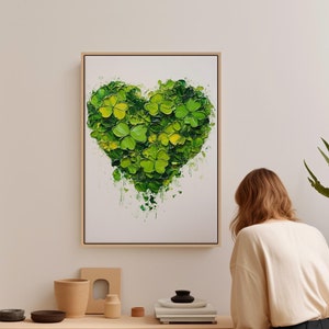 Hand-Painted Green Clover Heart Canvas Wall Art - Modern Nature-Inspired Hangable Artwork for Home Décor
