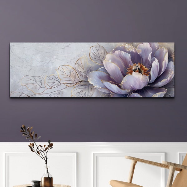 Lavender Peony Flower Canvas Wall Art Print, Purple Flower On Panoramic Canvas, Gold Leaf Style Petals