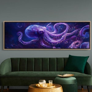 Lienzo de pulpo morado vibrante: arte de pared de fantasía de aguas profundas / decoración submarina cautivadora para amantes de la vida marina