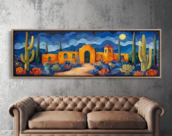 Southwest Desert Watercolor Canvas Art Print, Desert Canvas Art, Cactus Wall Decor, Cactus Canvas Art, Southwestern Home Decor, Panoramic
