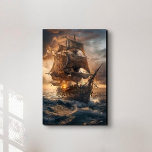 Pirate Ship Canvas Wall Art Print, Sea Battle Game Room Decor Ship Painting Nautical Wall Decor Wrapped Canvas Ready To Hang