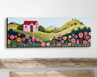 Whimsical Folk Art Painting Countryside Cottage Colorful Flower Field Canvas Print, Rustic Storybook Wall Art Nursery Room Decor, Panoramic