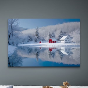 Red Barn In Snow Farmhouse Rustic Winter Wall Art, Extra Large Old Farm Barn Painting Print On Canvas, Unframed, Ready To Hang