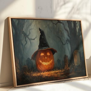 Halloween Pumpkin Wall Art | Spooky Jack‑O’-Lantern in Witch Hat for Haunted Home Décor
