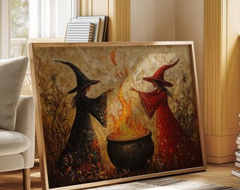 Mystical Witch Sisters Casting Fire Spell, Enchanting Halloween Art Print for Fantasy Wall Decor and Witchcraft Enthusiasts