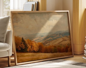 Golden Hills Autumn Landscape Canvas - Rolling Fields and Vibrant Fall Trees Wall Art for Rustic Home Decor