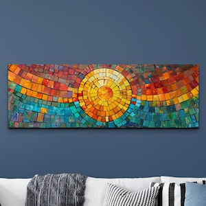 Colorful Mosaic Style Wall Art Canvas Print, Panoramic Midcentury Wall Art, Above Bed Decor, Large Canvas Art, Ready To Hang