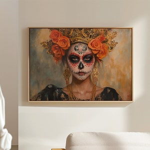 Elegant Dia de los Muertos Woman with Floral Crown | Mexican Sugar Skull Canvas Art | Day of the Dead Wall Decor | Cultural Festival Art
