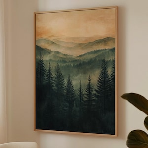 Misty Mountain Forest Wall Art: Serene Sunrise Landscape with Rolling Hills for Tranquil, Nature-Inspired, and Rustic Home Decor