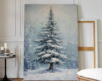 Snow Covered Pine Tree Canvas Wall Art – Peaceful Winter Forest Scene in Vintage Oil Painting Style for Holiday and Nature Decor
