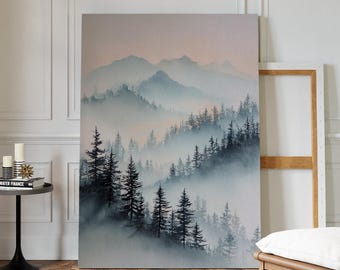 Misty Forest Mountain Watercolor Wall Art, Serene Landscape Canvas Print, Foggy Pine Tree Nature Painting for Rustic Cabin or Modern Home