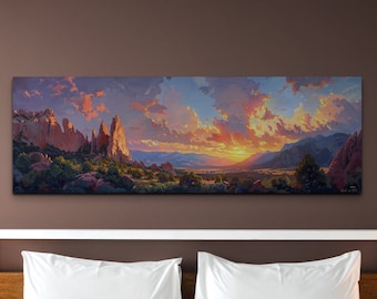 Garden of The Gods Colorado Canvas Wall Art Print, decoración de lienzo estilo pintura envuelta panorámica, Parque Estatal de Colorado